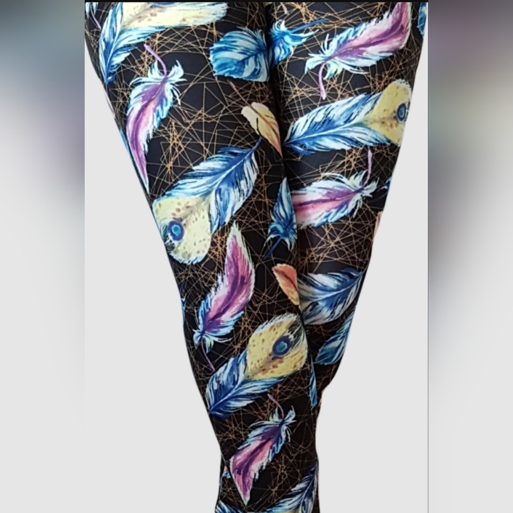 New Mix Colorful Feather Print Leggings One Size [0-12] NWT